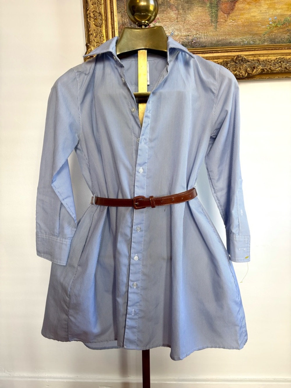 American Apparel Blue Pinstripe Belted Button down Pinstripe Shirt Dress XS / S